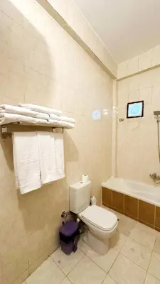 a bathroom with a white toilet and a bath tub at Eka- Guesthouse in Aswan