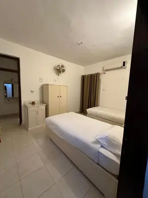 a bedroom with a large white bed and a fan at Eka- Guesthouse in Aswan