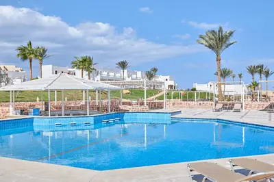 a large swimming pool with chairs and palm trees at JAZ Neo Reef Marsa in Coraya Bay