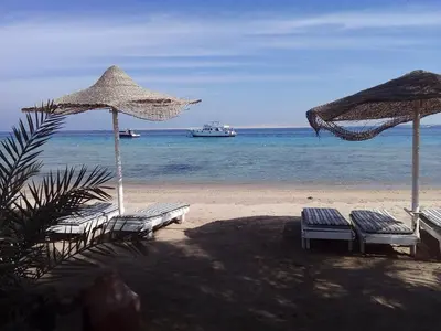 a beach with chairs and umbrellas and a boat in the water at apartman Eva in Hurghada