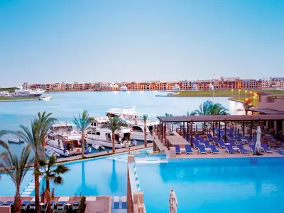 a view of a marina with boats in the water at Marina Lodge at Port Ghalib in Port Ghalib
