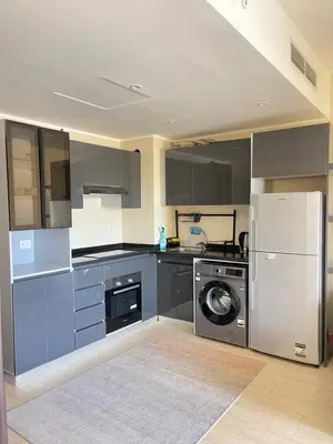 a kitchen with a refrigerator and a washing machine at AlDau Heights Apartments in Hurghada