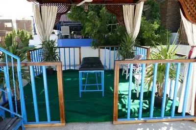 a patio with a green floor with chairs and plants at El Gezira Garden Hotel Luxor in Luxor