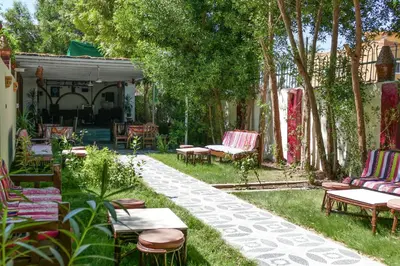 a garden with chairs and tables and trees at El Gezira Garden Hotel Luxor in Luxor