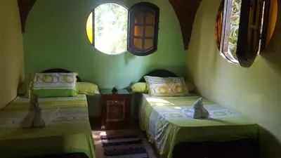 two twin beds in a room with two windows at Kindaka amany in Aswan