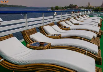 a row of wicker chairs on a cruise ship at GTS Nile Cruise Luxor Aswan every monday from Luxor friday from Aswan in Luxor