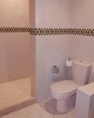 a white bathroom with a toilet and a shower at El Gouna abu tig marina Studio p economy stay in Hurghada