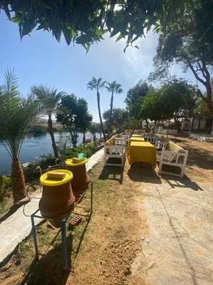 a row of tables and chairs next to the water at Nubian Farm Aswan in Aswan