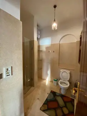 a bathroom with a toilet and a shower with a rug at Sabina El Gouna - Pool and Lagoon Ap-2 in Hurghada