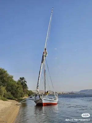 a boat sitting in the water next to a beach at Felucca Sailing Boat Overnight Experience in Aswan
