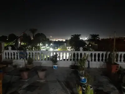 a white fence with potted plants and palm trees at night at Luxor hotel Bella Vista Apartments and Hotel in Luxor