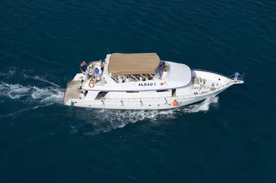 a white boat in the water with people on it at Steigenberger Aqua Magic, All inclusive in Hurghada
