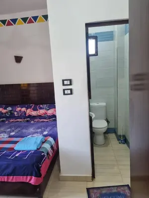 a bathroom with a bed and a toilet in a room at ABAZIDO Nubian Guest House in Aswan