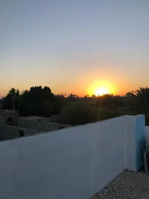 a sunset over a white fence with the sun setting in the background at Luxor Best Way in Luxor