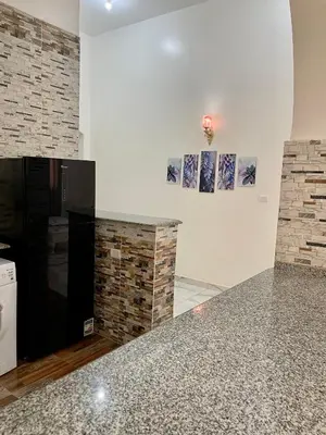 a kitchen with a granite counter top and a fireplace at Spirit Luxor Luxury in Luxor