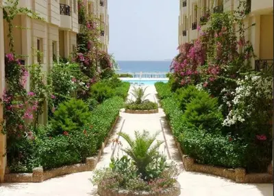 a corridor of a building with flowers and plants at Beachfront Cozy One Bedroom apartment Sahl Hasheesh Palma de Piazza in Hurghada