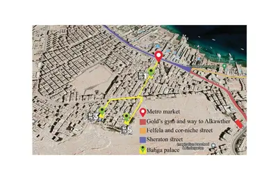 a map of a city with a yellow marker and a road at Bahga Palace 5 Residential Apartments in Hurghada