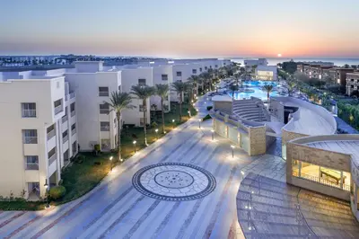 an aerial view of a city at night at JAZ Soma Beach in Hurghada