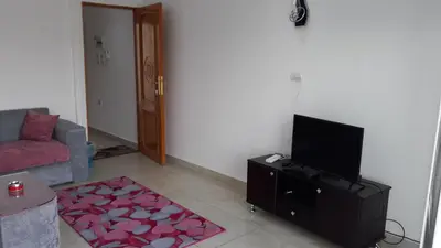 a living room with a couch and a flat screen tv at Hofni Palace Nile Niew in Luxor