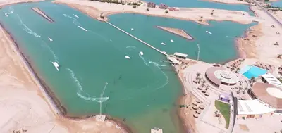 an aerial view of a harbor with boats in the water at Studio beside El Gouna with good kite spot in 500 m in Hurghada