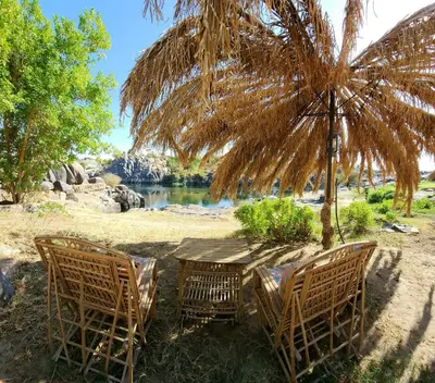 a table and chairs under a palm tree next to a river at Krouma Camp & Ecolodge in Aswan