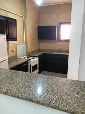 a kitchen with black cabinets and a counter top at The LOTUS in Hurghada