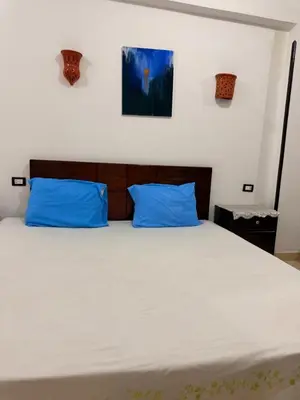 a bedroom with a large bed with blue pillows at Luxor Old Nile Hotel in Luxor