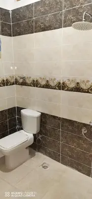 a bathroom with a toilet and a tiled wall at Tut flat in Luxor
