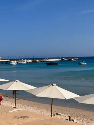 a group of white umbrellas on a beach at Villa KUBA luxury private pool Hurghada in Hurghada