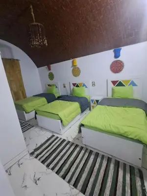 two beds in a room with green sheets at Lawanda Nubian B&B in Aswan