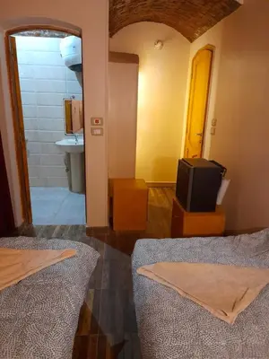 a room with a bed and a tv and a bathroom at Belle Vue Sur Le Nile بيت هاني in Aswan