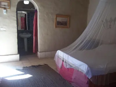 a bedroom with a bed with a mosquito net at Nour El Gourna in Luxor