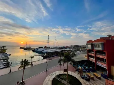 a view of a marina with boats in the water at new marina heart of Hurghada in Hurghada