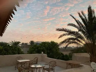 a patio with tables and chairs and a palm tree at Nour El Balad in Luxor