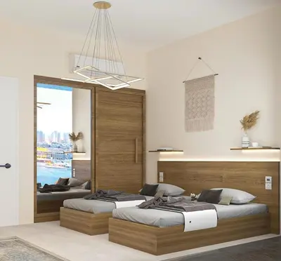 two beds in a bedroom with a mirror at Villa for you on your own in Makadi Heights, Hurghada, Read Sea, Egypt in Hurghada