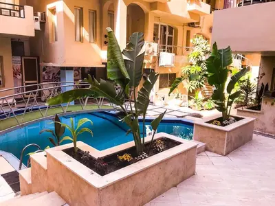 a swimming pool with three plants in front of a building at Palma house apartments A8 in Hurghada