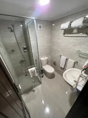 a bathroom with a shower and a toilet and a sink at Marina view port ghalib in Port Ghalib