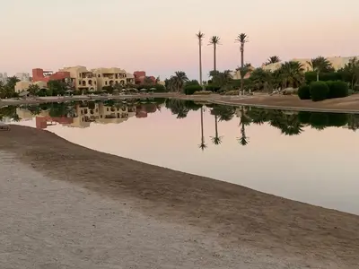 a reflection of palm trees in a body of water at Lovely two bedroom apartment in Hurghada