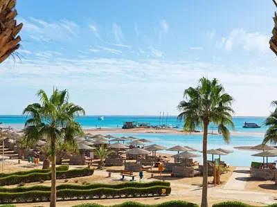 a beach with palm trees and umbrellas and the ocean at Club Paradisio El Gouna Red Sea in Hurghada