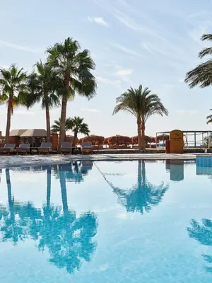 a swimming pool with palm trees in the background at Club Paradisio El Gouna Red Sea in Hurghada