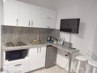 a kitchen with a counter with a sink and a stove at Aqua Palms resort -Lovely studio in Hurghada