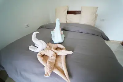 a bed with towels and a bottle on it at Flower of Desert in Luxor