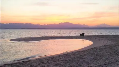 a person sitting on a beach near the water at Soma Bay Ambiance - Relaxed Apartment - Next to The Breakers in Hurghada