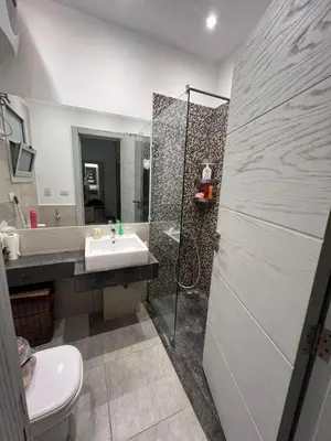 a bathroom with a toilet and a sink and a shower at Lovely 1 Bedroom with private heated Jacuzzi at Sholan El Gouna in Hurghada
