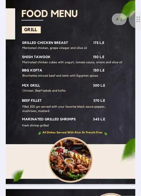 a menu for a food menu in a restaurant at Prime Home The View Hurghada in Hurghada