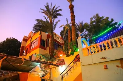 a building with palm trees in front of it at Nubian Dreams Guest House in Aswan