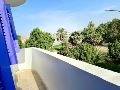 a balcony with a white railing and palm trees at Ghalia Guest House in Aswan