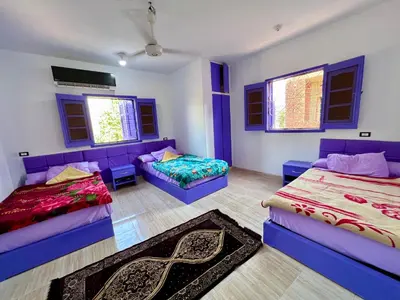 a room with three beds and a couch and windows at Ghalia Guest House in Aswan