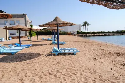 a group of blue beach chairs and umbrellas on a beach at Cecelia resort in Hurghada