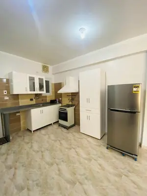 a kitchen with white cabinets and a stainless steel refrigerator at Temple House Luxor in Luxor